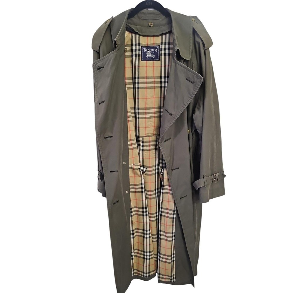 Vintage Burberrys of London Trench Coat Green Men's 42R 90s Nova Check Lining UK